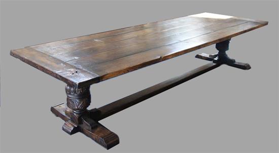 A large and impressive 17th century style oak refectory table, 11ft 6in. x 4ft, H.2ft 6in.